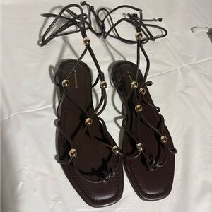 Anthropologie Dark Brown Lace-Up Sandals with Gold Bead Accents